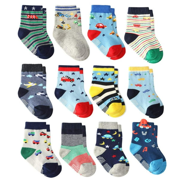 12 Paires de Chaussettes Garcon en Bas Age grip Chaussettes Bebe Garcon Chaussettes en Coton Non Glissement Nouveau Ne Chaussettes Garcon Chaussettes