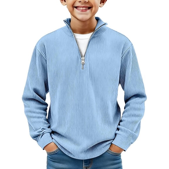 AWZXDE Boys Corduroy Quarter Zip Pullover Long Sleeve Collared Sweater Casual Ribbed Fall Top boys sweatshirts Light Blue，11-12 Years