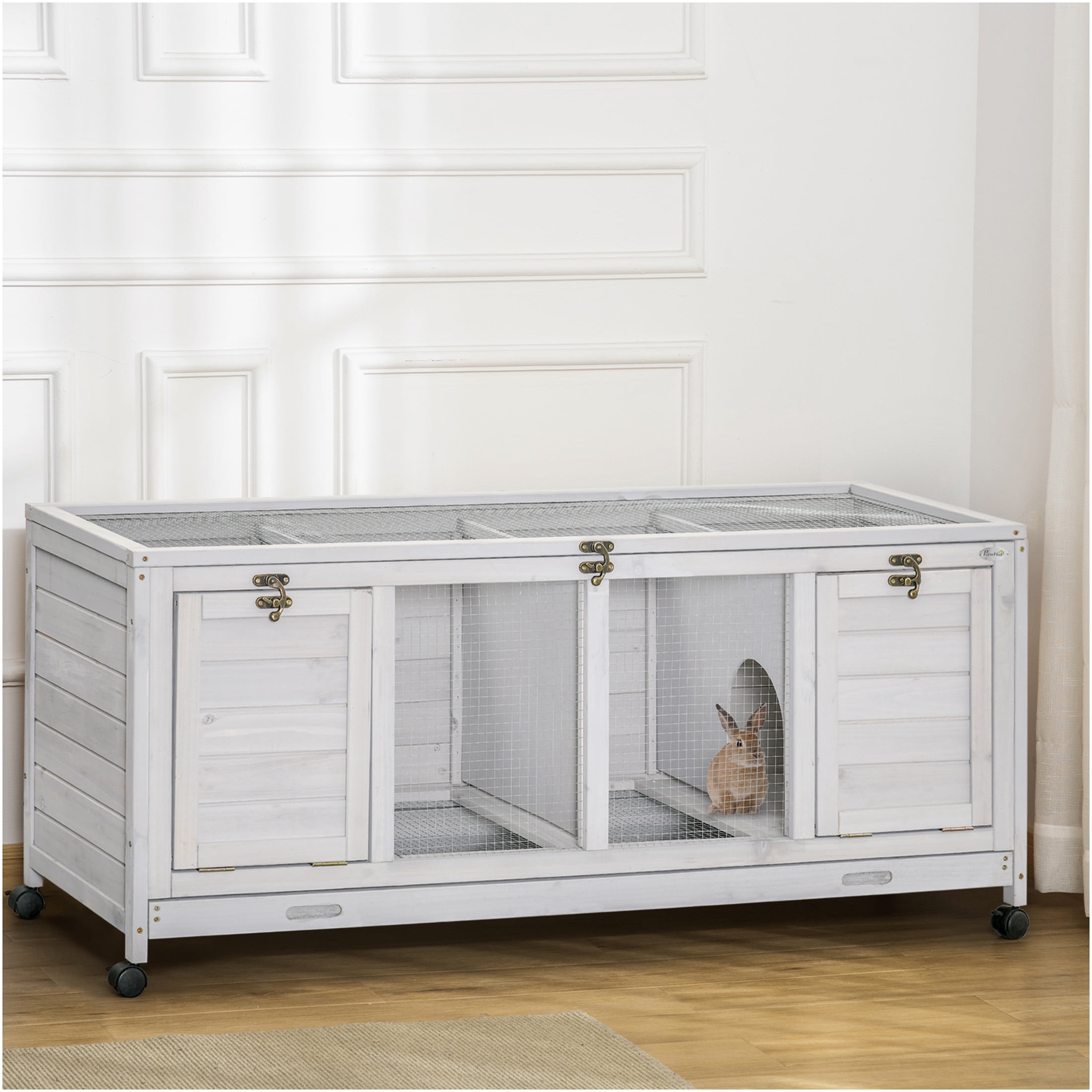 JERFIT 2-Tier Rabbit Hutch with Wheels, Gray Wooden Bunny Cage w/ Openable Roof, Divider Panel & Pull-Out Tray for Indoor/Outdoor Small Pets