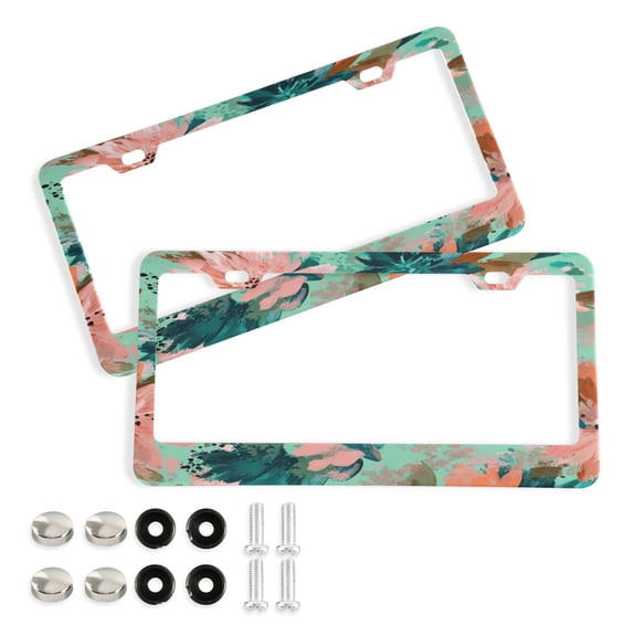 Aluminum License Plate Frame 2 Pack Car Exterior Accessory Car Tag Holder for Front Rear Plates Cars Decor Pink Abstract Floral Patterns