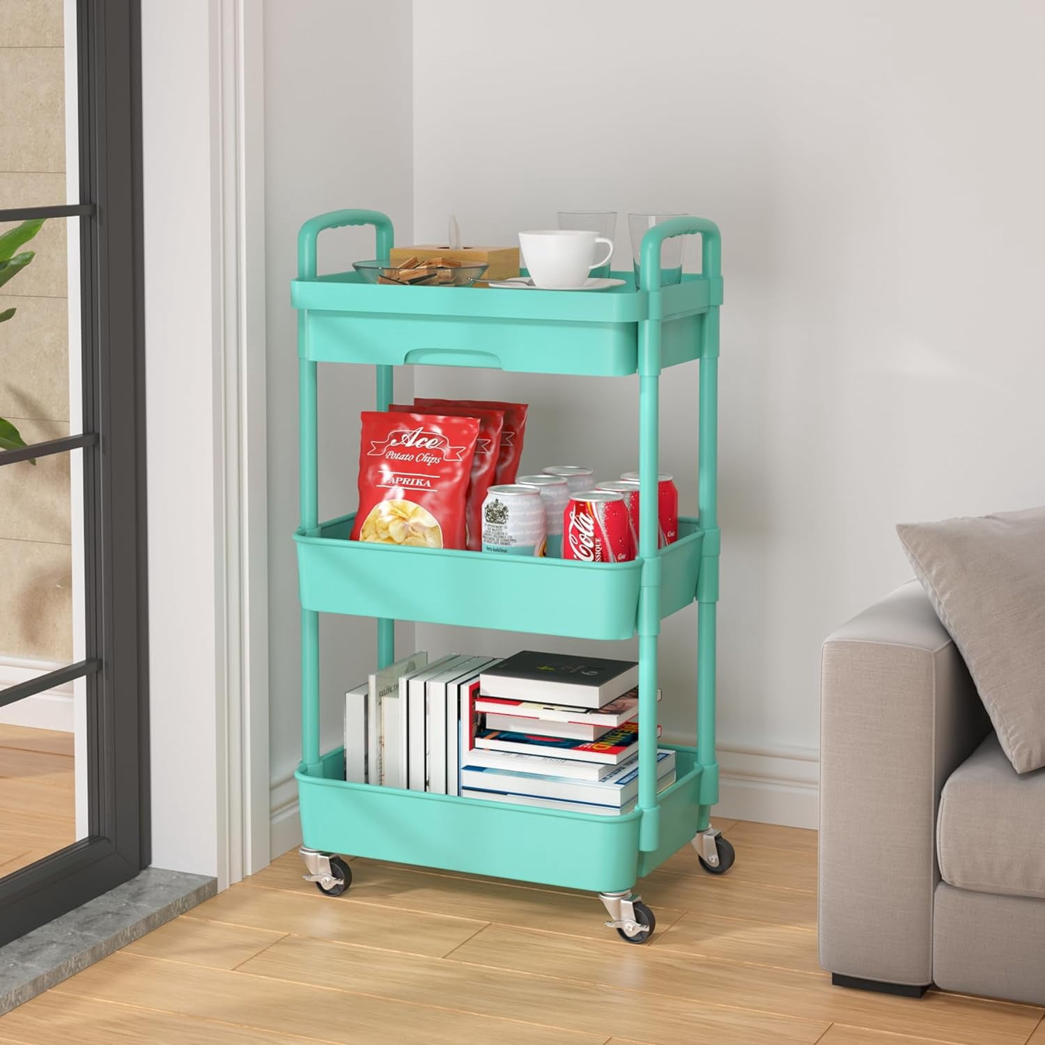 3-Tier Rolling Utility Cart with Drawer,Multifunctional Storage Organizer with Plastic Shelf & Metal Wheel,Storage Cart for Kitchen,Bathroom,Living Room,Office,Green