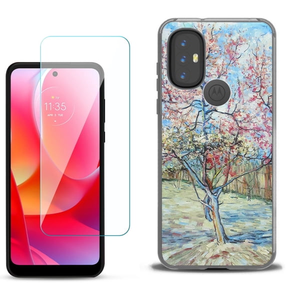Slim-Fit Gel TPU Phone Case for Motorola Moto G Power 2022, with Tempered Glass Screen Protector, by OneToughShield ® - Blossom Tree