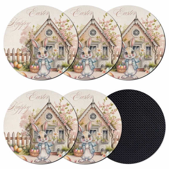 Easter Bunny Eggs Coasters Set of 6, Absorbent Coasters for Drinks, Spring Pink Flowers Country Cabin Beige Coaster for Desk Coffee Table Protection, Home Decor House Warming Gifts 4"