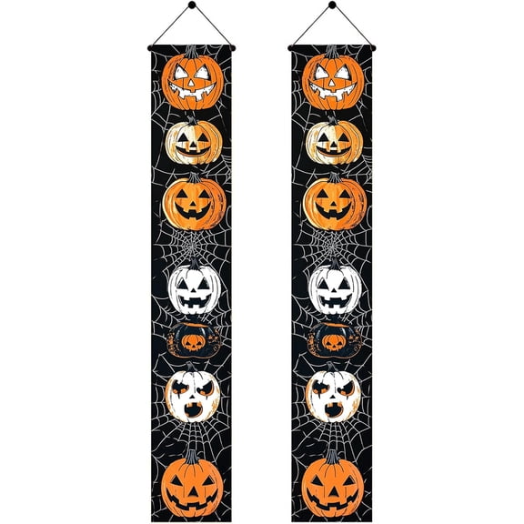 Halloween Door Banner 12x71 Inch Porch Hanging Front Door Indoor Outdoor Spooky Decorations Stacked Pumpkin Lights Spider Web Vertical Banner