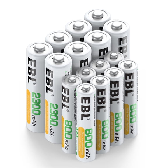 EBL 16 Sets AA AAA Batteries Combo with 8PCS AA 2300mAh & 8-Pack AAA 800mAh Rechargeable Battery