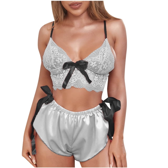 Conjuntos de pijamas de satén para mujer, ropa interior Sexy con lazo de encaje, ropa interior para dormir Fridja nalpqowj17625
