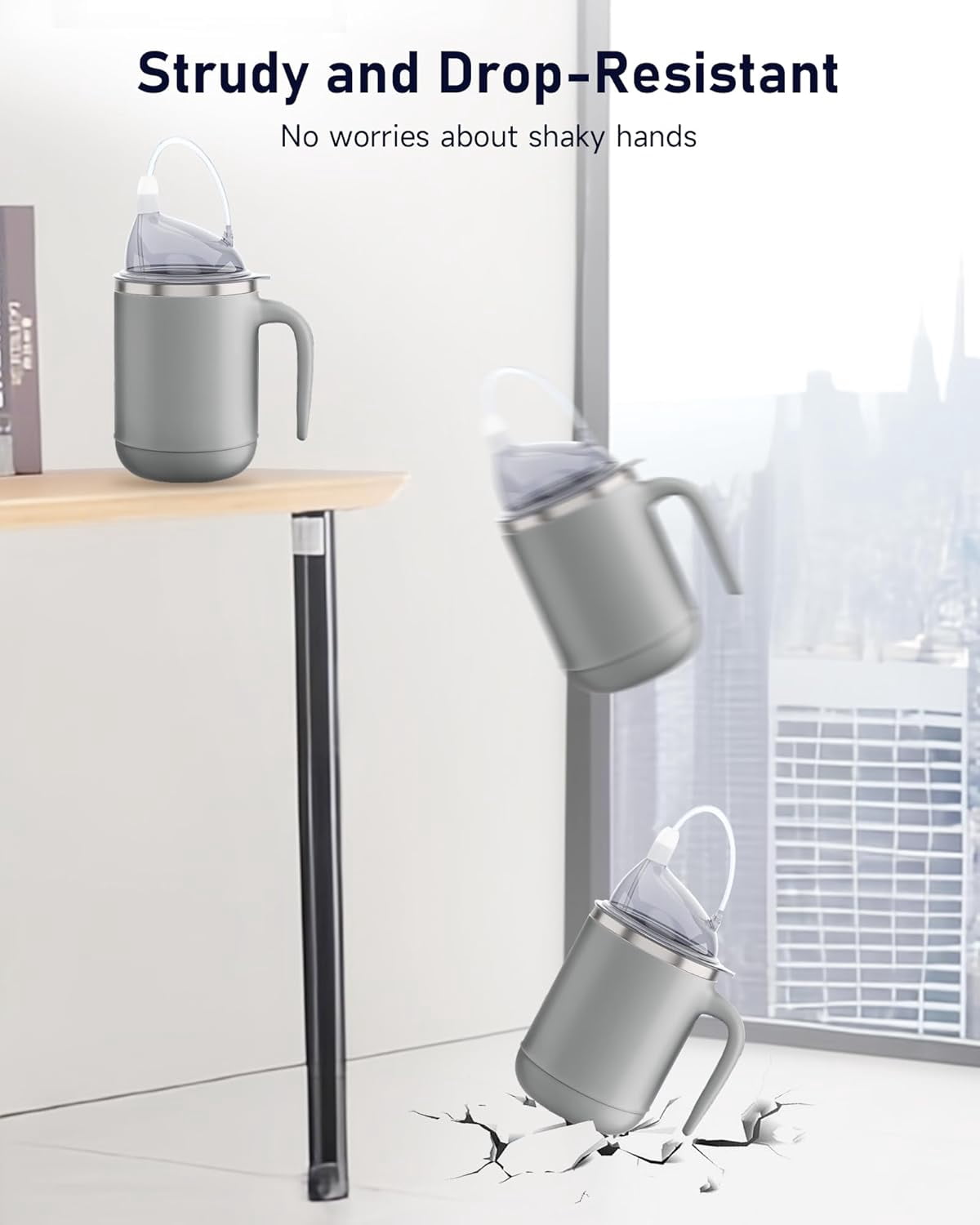 ABCISI Multifunctional Adult Sippy Cup for Elderly Spill Proof - Easy to Grasp Handles, Precise Liquid Control- 15oz Stainless Steel Sippy Cup with Straw, No Spill Cups for Elderly, Seniors (Grey)
