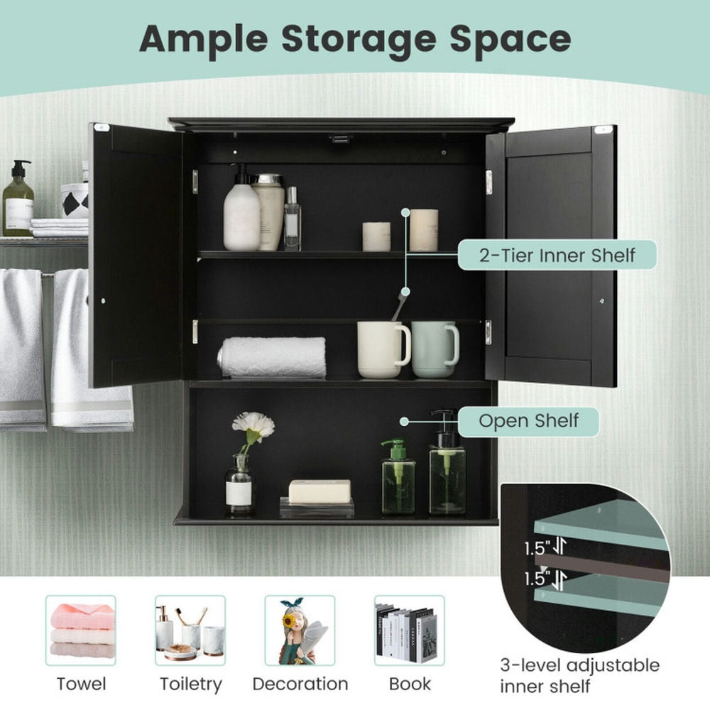 Finihen Wall Cabinet, Wall Mounted Bathroom Cabinet, Medicine Cabinet, 2-Door Wall Mount Bathroom Storage Cabinet with Open Shelf, for Kitchen Entryway Bathroom, Black