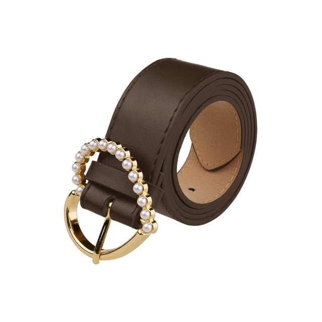 CINTURÓN INSPIRADOR CHIC para Mujeres con Hebilla en Forma de Corazón y Perlas, Cinturones con Hebilla Engastada, Cinturón de Color Sólido para Vestido 40.6x1.3" Café