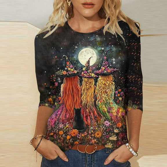VKOYWKM Halloween T-Shirts Women 3/4 Sleeve Witch Print Halloween Top Loose Fit Crew Neck Spooky Graphic Tees