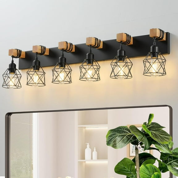 Farmhouse Vanity Light Fixture,6-Light Bathroom Lighting,Black Industrial Wood Wall Light Over Mirror with Metal Shade,LED Bulbs Not Included
