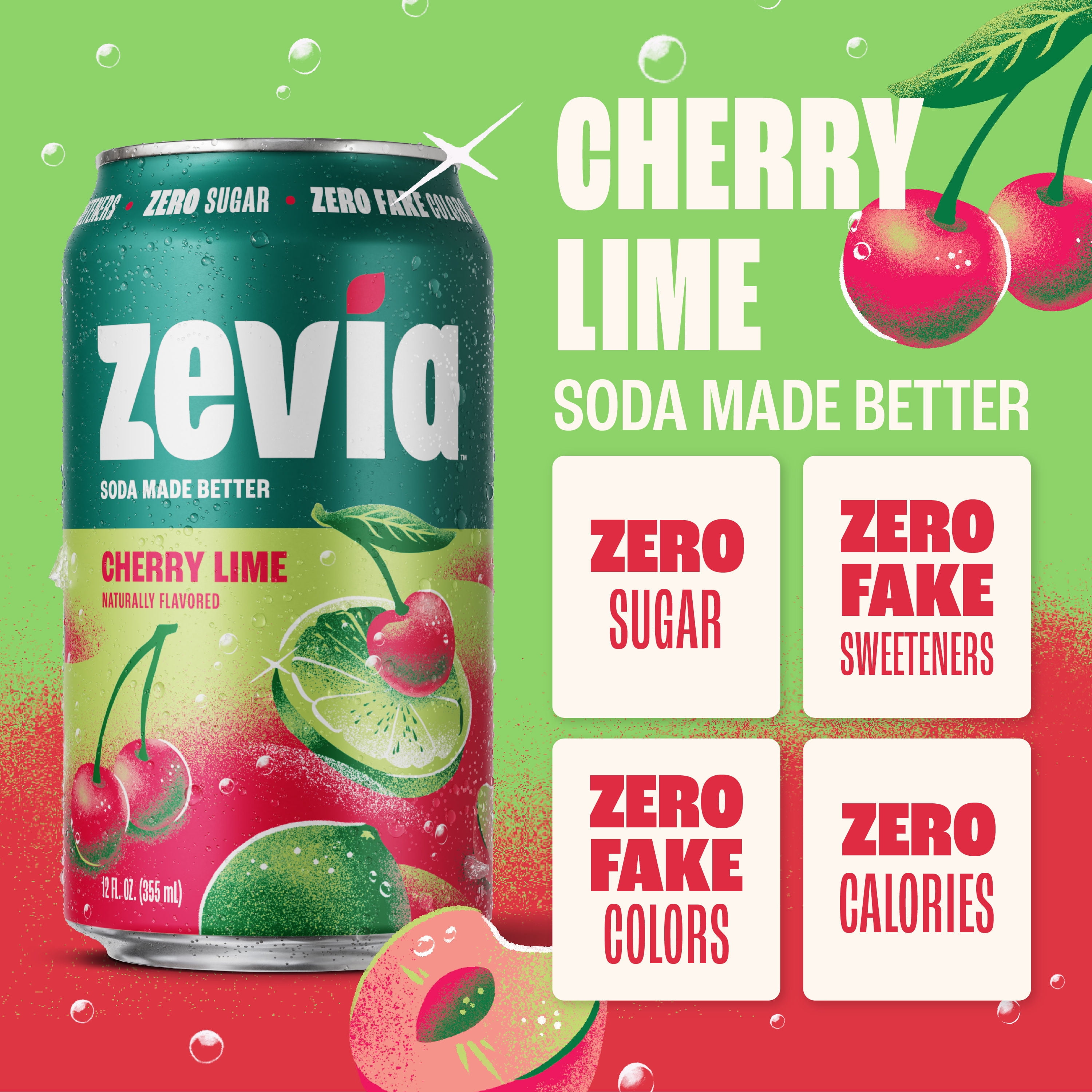 Zevia Zero Sugar, 0 Calorie Cherry Lime Soda Pop, 12 fl oz, 8 Pack Cans