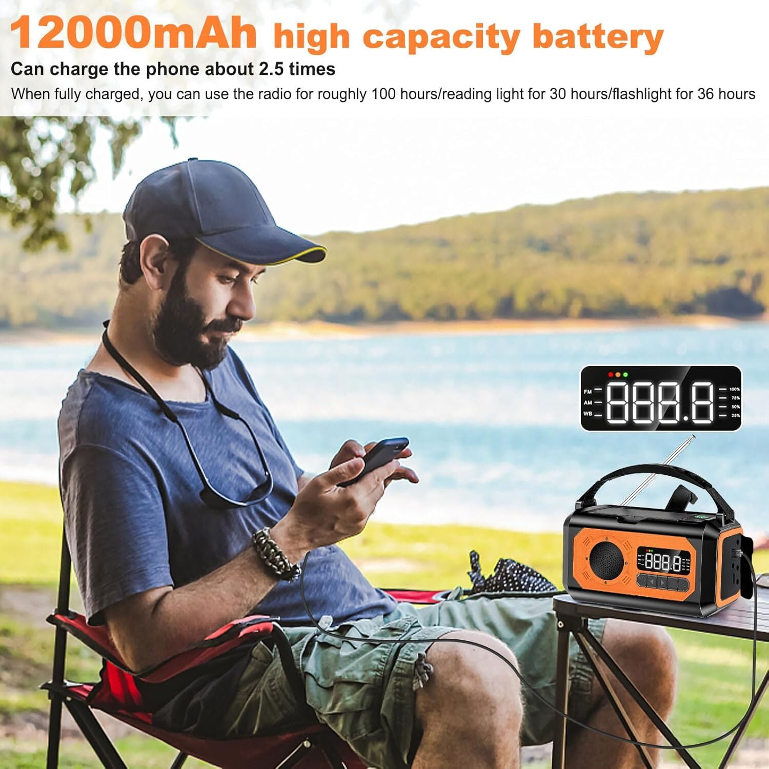 12000mAh Emergency Radio, AM/FM/NOAA Weather Alert Radio, Portable Hand Crank Radio Solar/Type-C Charging Outdoor Radio with Torch & LED Reading Lamp, SOS Alarm, Compass, Power Bank (Orange)