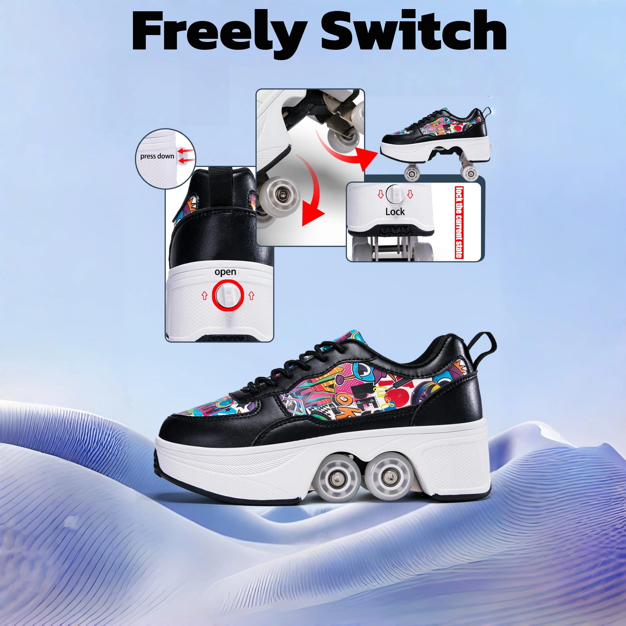 CZV Women's & Teens Graffiti Print Four-Wheel Convertible Roller Skate Shoes,2-in-1 Roller Skates & Sneakers Unisex Retractable Wheels Indoor Outdoor Fun & Fitness Kick Roller Shoes