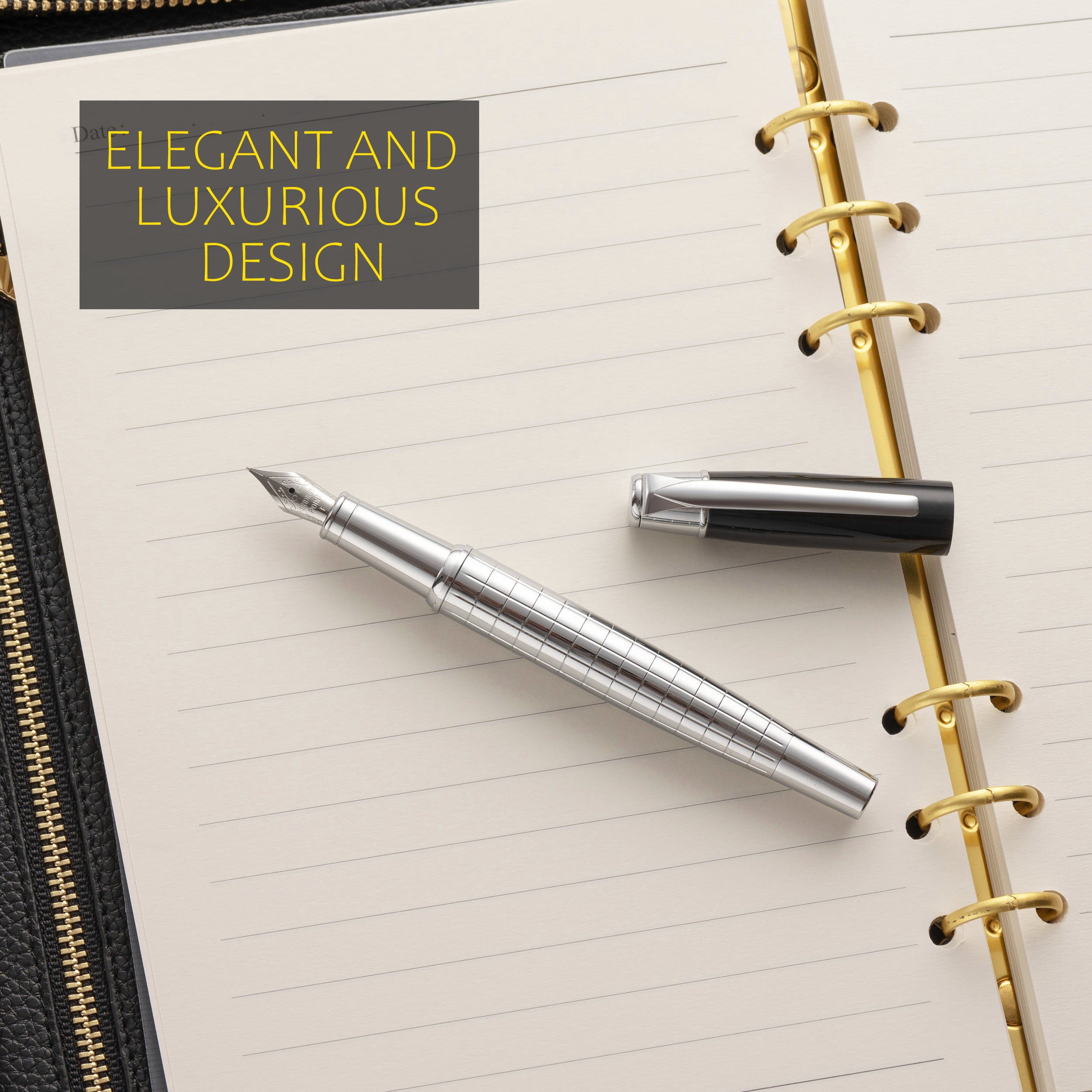 Vandro Complete Luxury Fountain Pen Set - Comfortable Grip with Smooth Fine Nib - Includes 10 Pack Ink Cartridges, Black Ink Bottle, Ink Refill Converter & Gift Box - Sky Silver