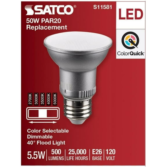 Satco S11581 5.5 Watt PAR20 LED; Medium Base; Silver Finish; CCT Selectable; 120 Volt; 40 Degree Beam Angle