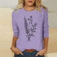 thumbnail image 2 of 3/4 Length Sleeve T Shirts Soft Cotton Tshirts Floral Printed Cute Summer Tunic Tops for Women Crew Neck Graphic Basic Tees (M, Purple), 2 of 5