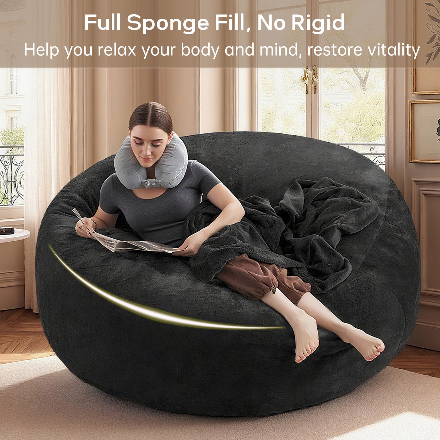 6FT Bean Bag Chair for Adults Teens, black high-density foam Filled Soft Sofa, Removable Flannel Cover Round Couch for Living Room Bedroom Dorm