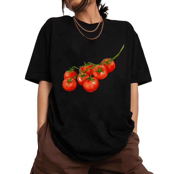 UNISHE Women's Watercolor Branch Cherry Tomato Graphic Short Sleeve T-Shirt S-5XL Black Tops