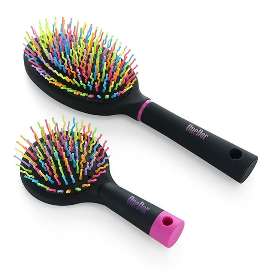 Rainbow S-Curve Ball tipped Air Volume Paddle Hair Brush with Flexible Cushion Base for Hair | Detangling Comb (2 Set - Black)