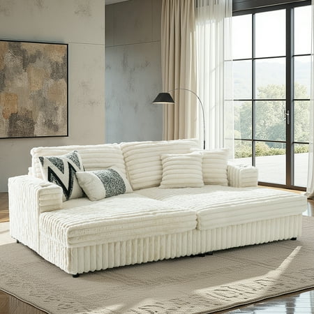 Ivory Sectional Sofa with Modern Wide Channel Tufting, Plush Faux Rabbit Fur for Lounge, Nap, and Family Room