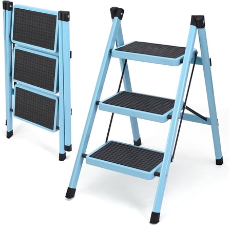 3 Step Ladder, Folding Step Stool for Adults, Lightweight Aluminum Step Ladder, Portable 330 LBS Capacity Ladders for Home Kitchen Library Office, Small Step Stools with Anti-Slip Wide Pedals