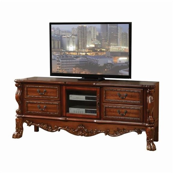 HomeRoots 347488 19 x 79 x 31 in. Cherry Oak Wood Poly Resin Glass TV Console