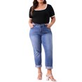 thumbnail image 2 of Camiseta de mujer de talla grande, cuello cuadrado, de manga corta, camiseta de punto acanalado, bloque de color, ajuste ceñido, básica, talla 2X, negra, 2 of 5