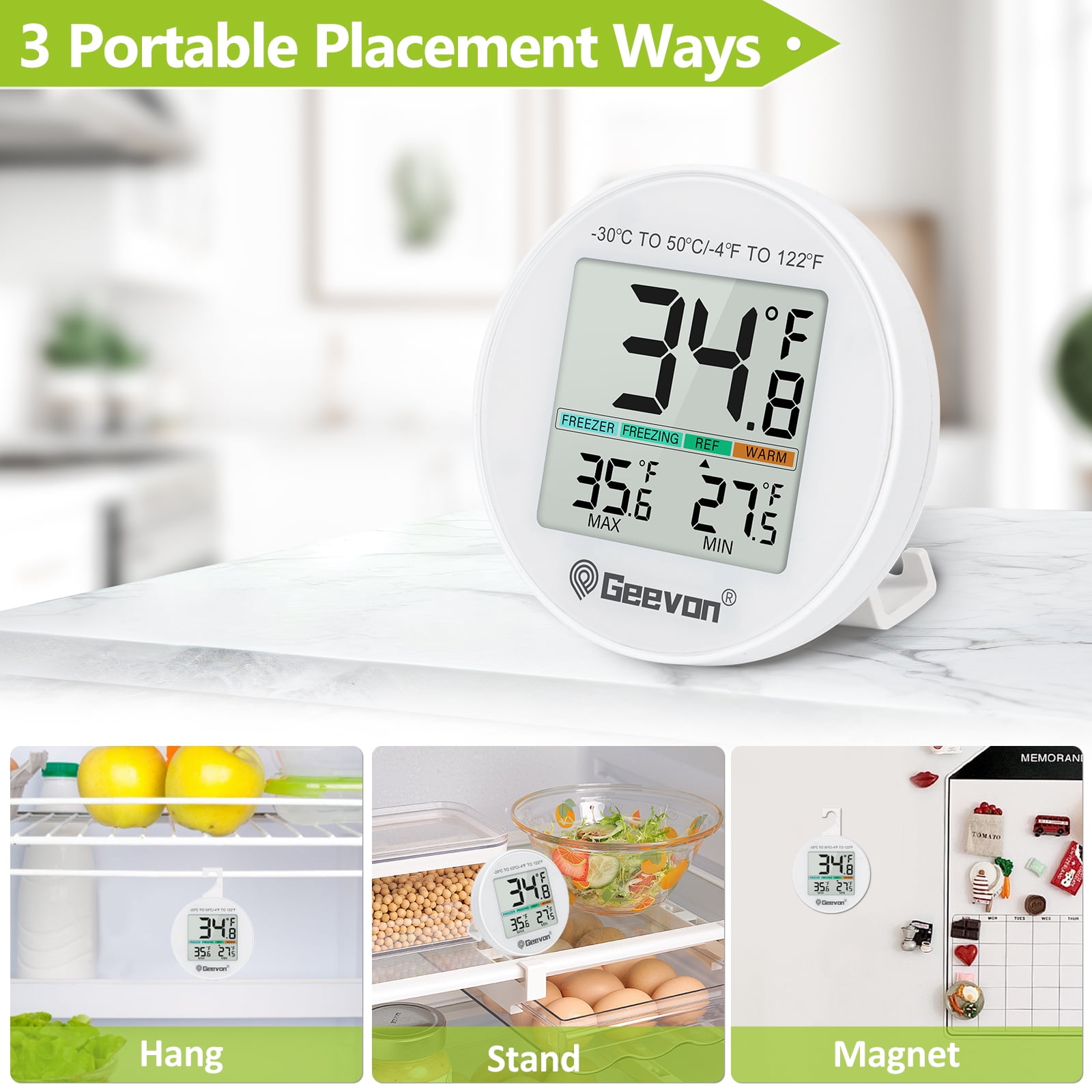 Geevon Small Digital Refrigerator Thermometer 3 Pack, IP65 Waterproof Max/Min Record Function with LCD Screen, Stand and Magnetic Back, for Fridge, Freezer Scenarios(Battery Included)
