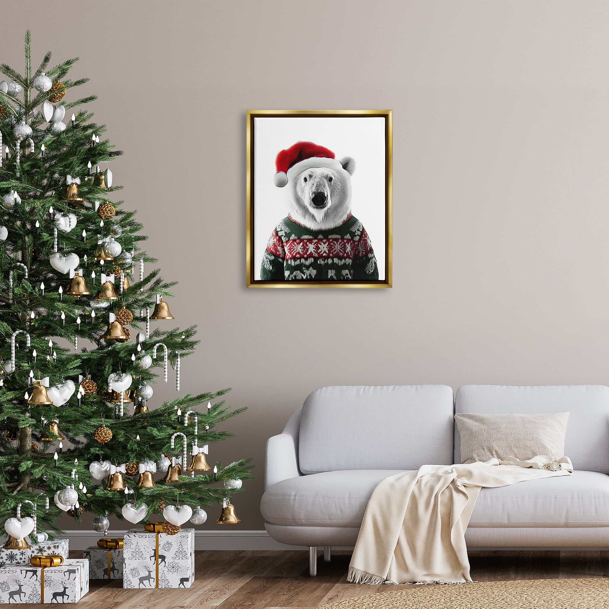 Stupell Industries Bear in Holiday Sweater Holiday Painting Gold Floater Framed Canvas Art Print Wall Art, 25 x 31