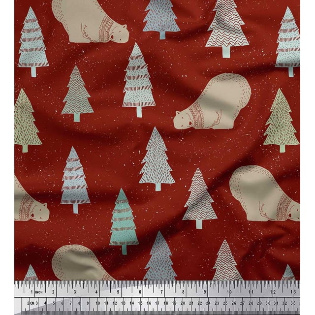Soimoi Red Poly Georgette Fabric Bear & Tree Christmas Print Fabric by the Yard 52 Inch Wide