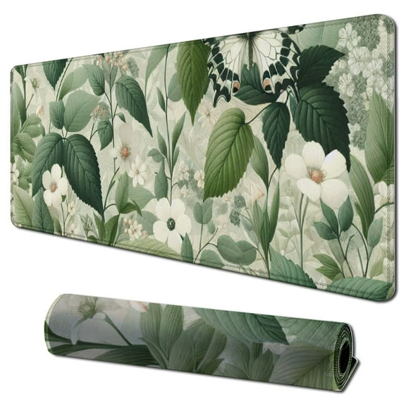 nygtbtfer Green Desk Mat XL Cat Cute Desk Pad Keyboard Mat Flower Mouse Pad Green Desk Mat Desk Decor with Stitched Edges Non-Slip Large Computer Mat