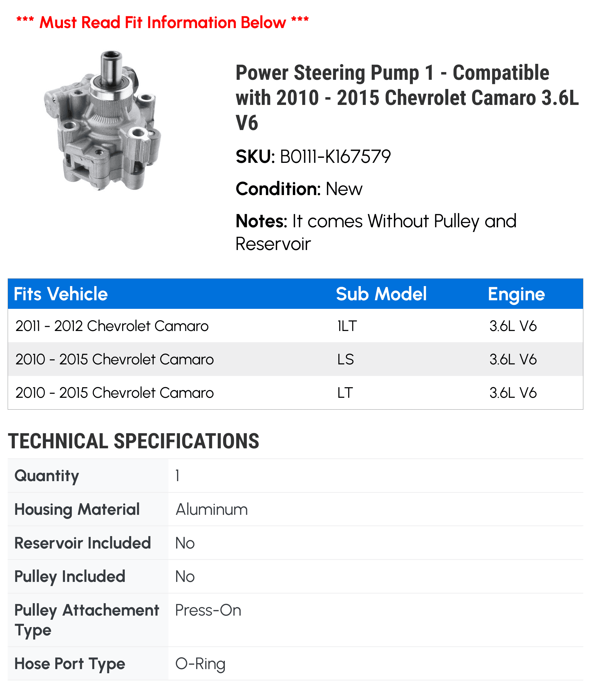 Power Steering Pump 1 - Compatible with 2010 - 2015 Chevrolet Camaro 3.6L V6 - Autopart Premium