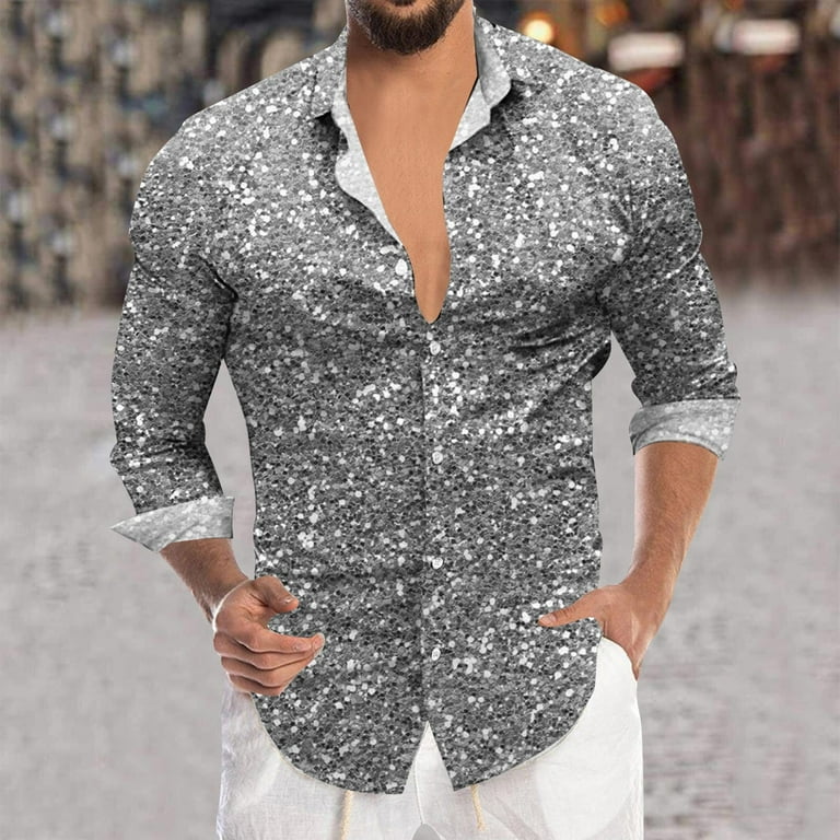 Hpapadks Mens Shirts Summer Long Sleeve Carnival Sequin Digital 3D Print  Lapel Button Down Top Loose Mens Dress Shirt Silver M - Walmart.com