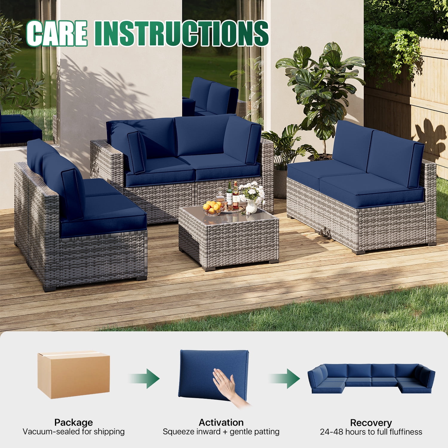 Clouddwell 14-Piece Outdoor Cushion Set for 6-Seat Wicker Sectional - Waterproof, High-Resilience Foam (Navy Blue)