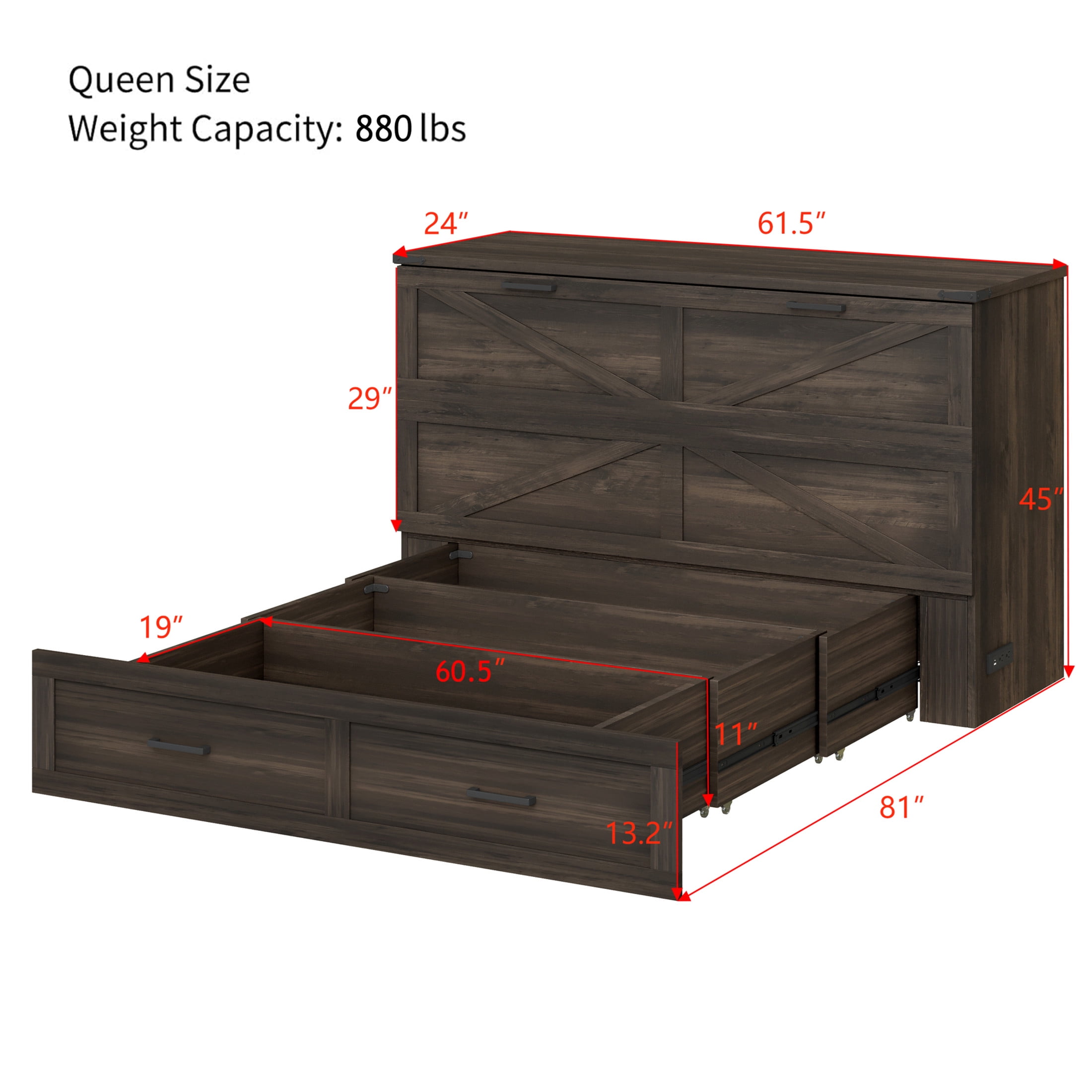 Noble House Queen Size Farmhouse Murphy Cabinet Bed with Charging Station and Storage Drawer, Foldable Platform Bed,Gray