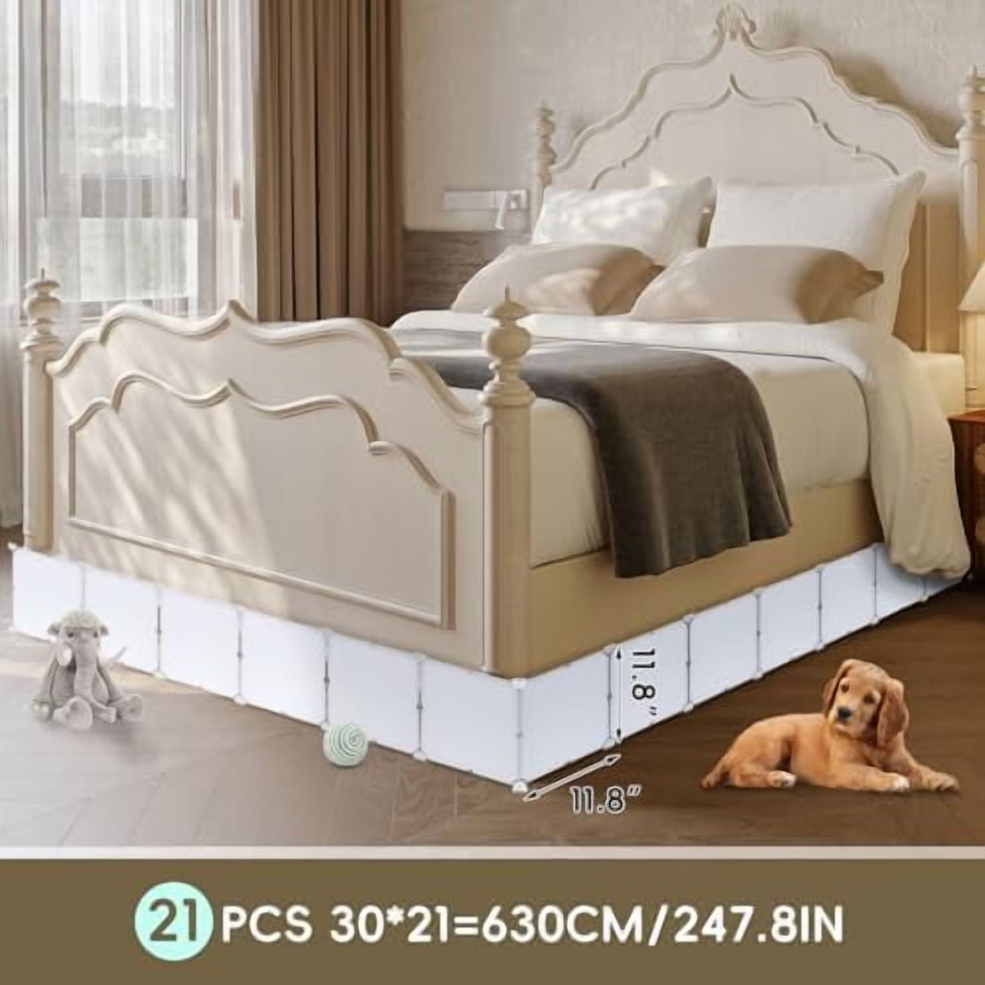Under Bed Blocker for Pets 11.8" Height 248" Length in Total, Adjustable Bed Blockers to Keep Cats/Dogs Out from Under Beds Fit Queen, King Bed 3 Sides, Easy to Use, White