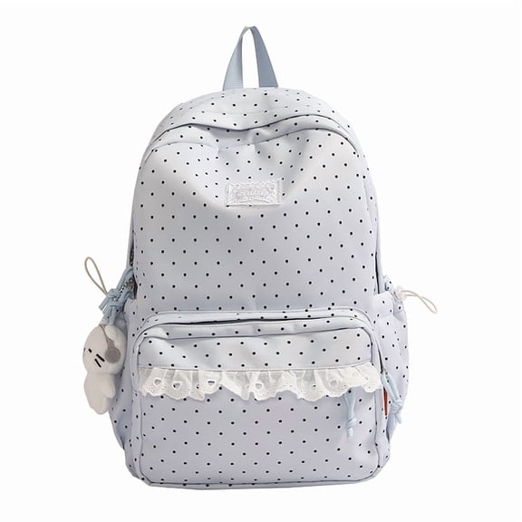 Sweet Polka Dot Backpacks Large Capacity Cute Lace Trim Backpack Soft Nylon Schoolbag Outdoor Travel Trip Backpack (Blue)