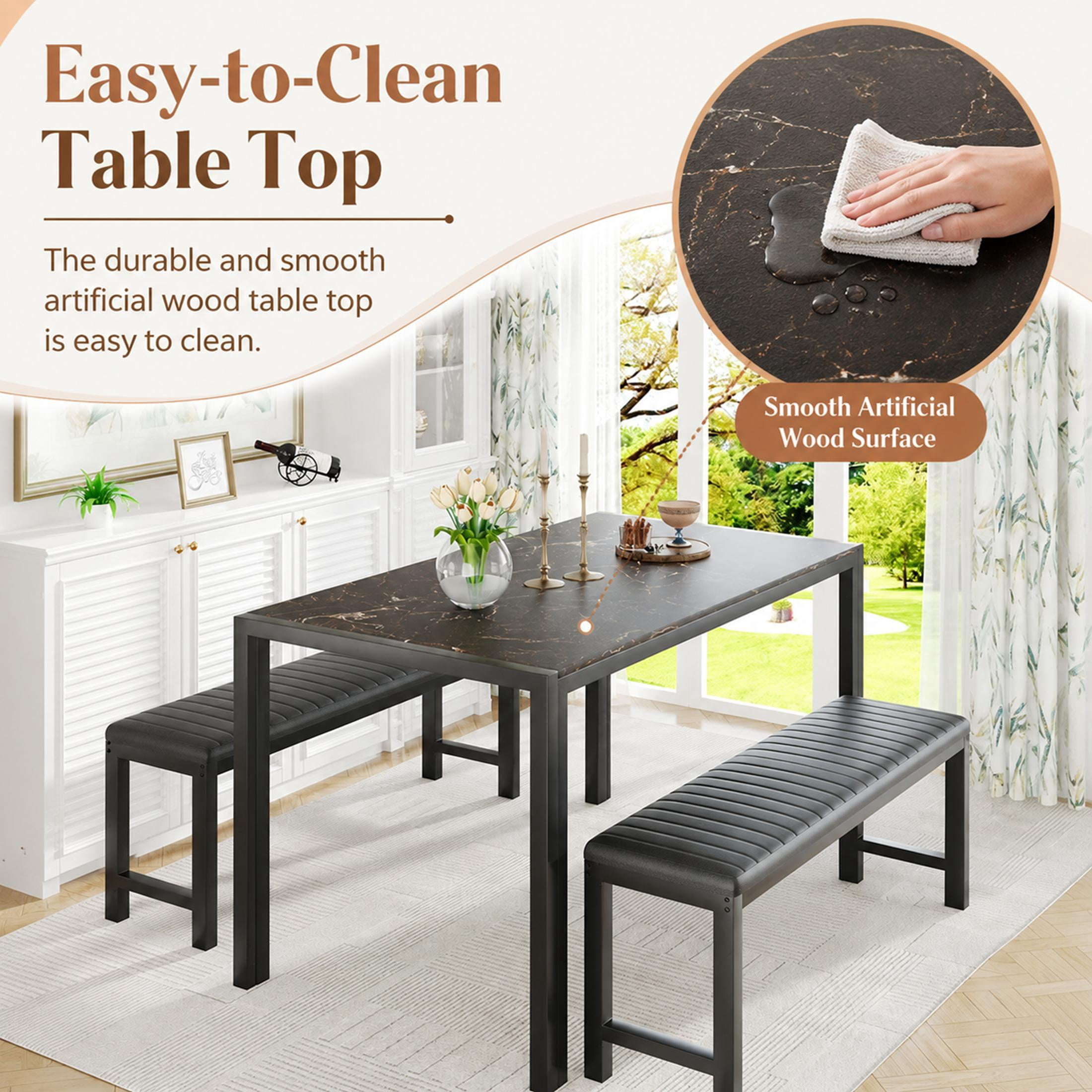 PORKISS 3 Piece Dining Table Set for 4, Kitchen Table Set with 2 PU Leather Benches, Dining Room Table Set with Metal Frame, Space Saving Breakfast Nook Table Set for Small Spaces, Apartment, Brown