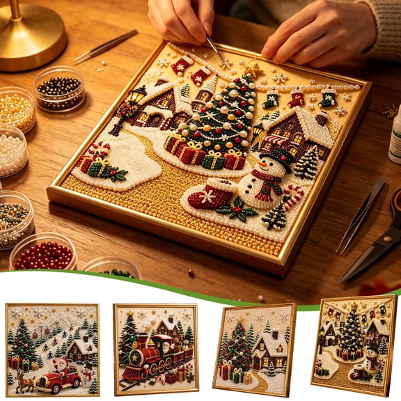 Pearl Christmas Wall Art Kit, Diy Holiday Beaded Painting With Holiday Village Scene, Set D