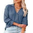 thumbnail image 3 of PENGXIANG Women Solid Color Button Up V Neck Long Sleeves Blouses Tops Relaxed Fit Henley Shirts, 3 of 5