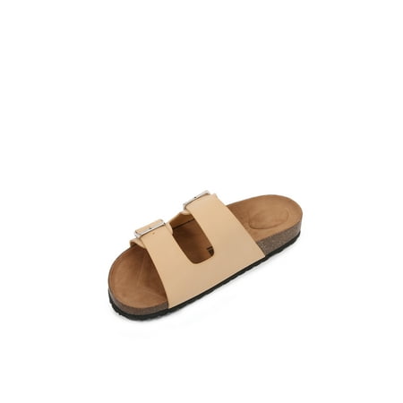 

Women Soft Cork Cushioned Footbed PU Leather Double Strap Slider Sandal (PU Apricot/ 9)
