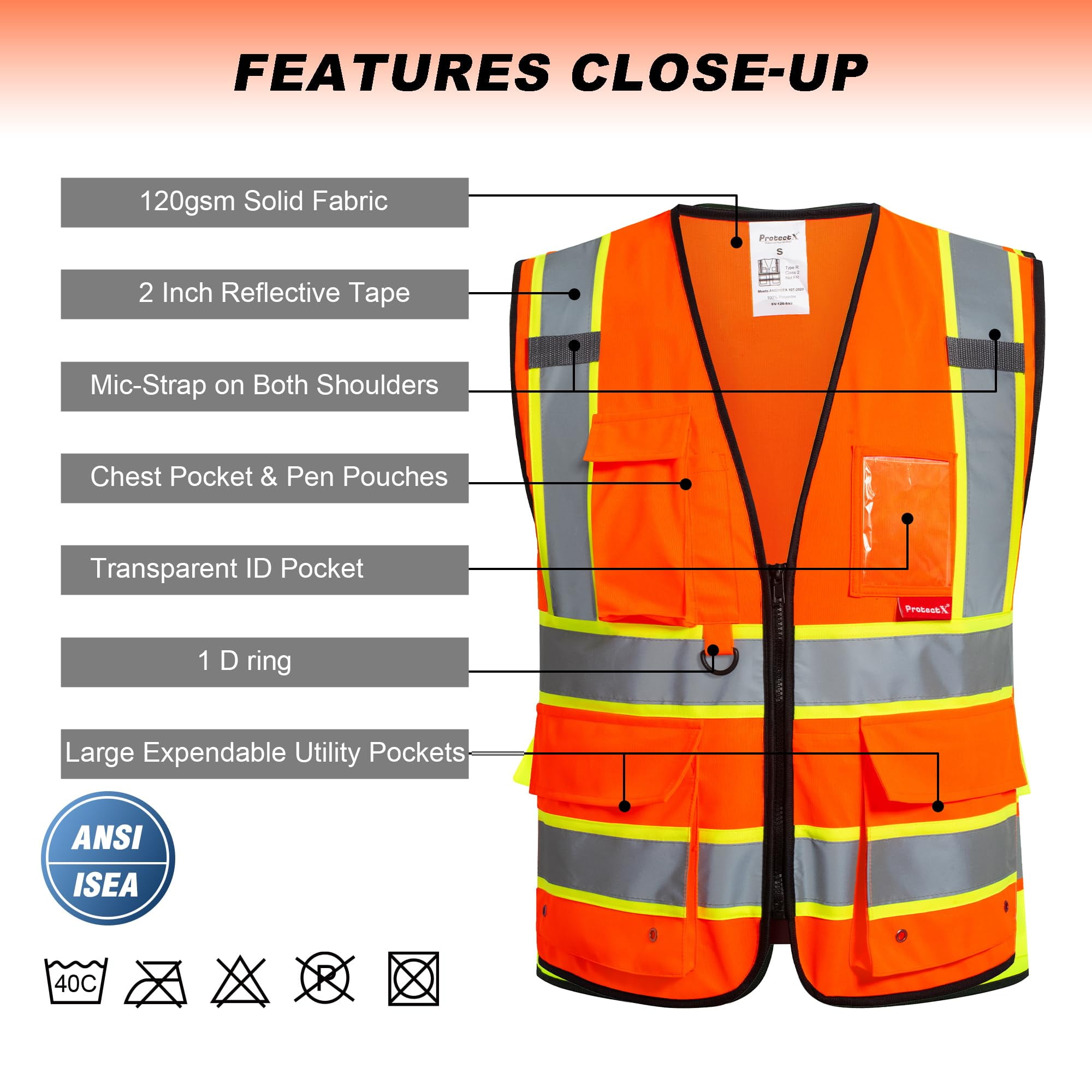 ProtectX Hi Vis Reflective Safety Vest for Men Women High Visibility Construction Work Vest with Pockets Zipper Class 2 Orange Large
