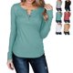 thumbnail image 4 of Camisa de jersey para mujer, manga larga, color puro, casual, botón delgado, parte delantera, punto acanalado, túnica de otoño para otoño, primavera, azul lago S, 4 of 6