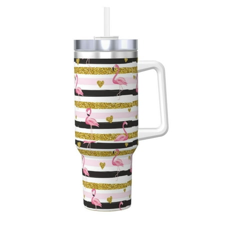 

Cauagu Gold Glittering Hearts and Flamingos Print Stainless Steel Vacuum Insulated Tumbler 40oz Water Bottle with Handle & Flip Straw Reusable Travel Coffee Mug for Women & Men