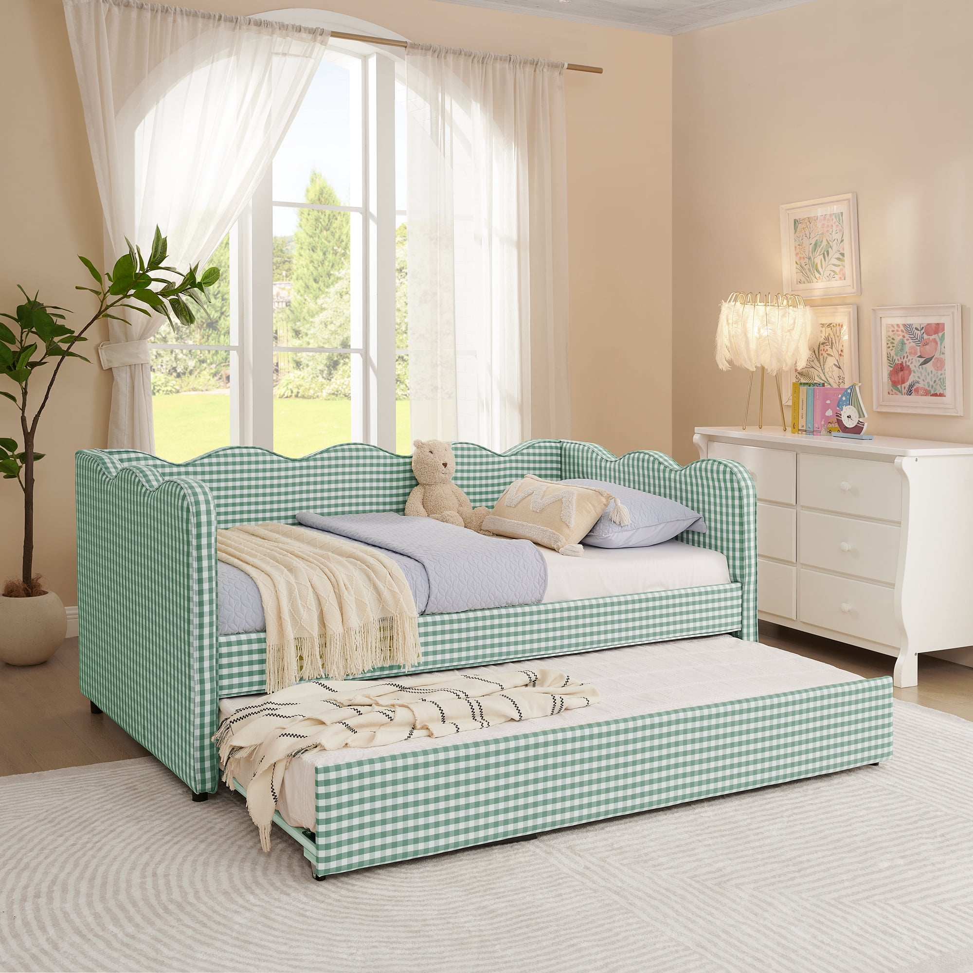Leumius Twin Size Gingham Daybed with Pop Up Trundle,Modern Linen Daybed with USB Ports and Adorable Wave Shaped,Upholstered Day Bed Fram for Living Room/Bedroom/Guest Room,Cyan