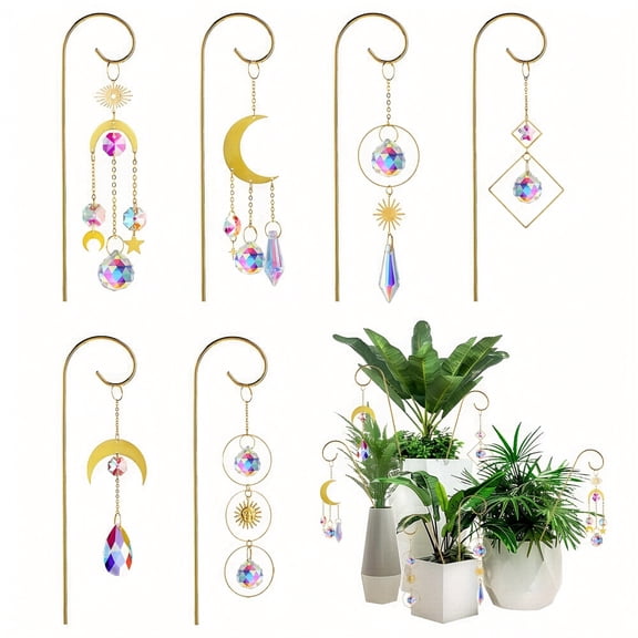 6 Pack Gold Metal Plant Stake Sun Catchers, Iridescent Crystal Prism Hanging Ornaments for Indoor Potted Plant Garden Decor,Mint Green