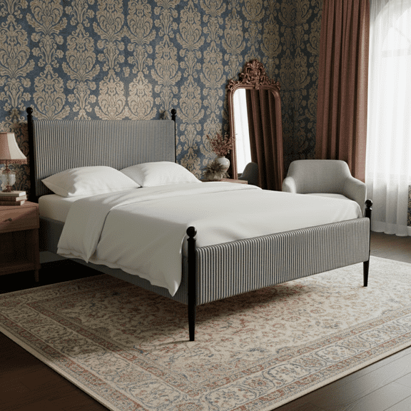 Queen Bed Frame Upholstered Corduroy with Vertical Striped Headboard, Heavy Duty Metal Legs Wooden Slats No Box Spring Needed Easy Assembly Gray