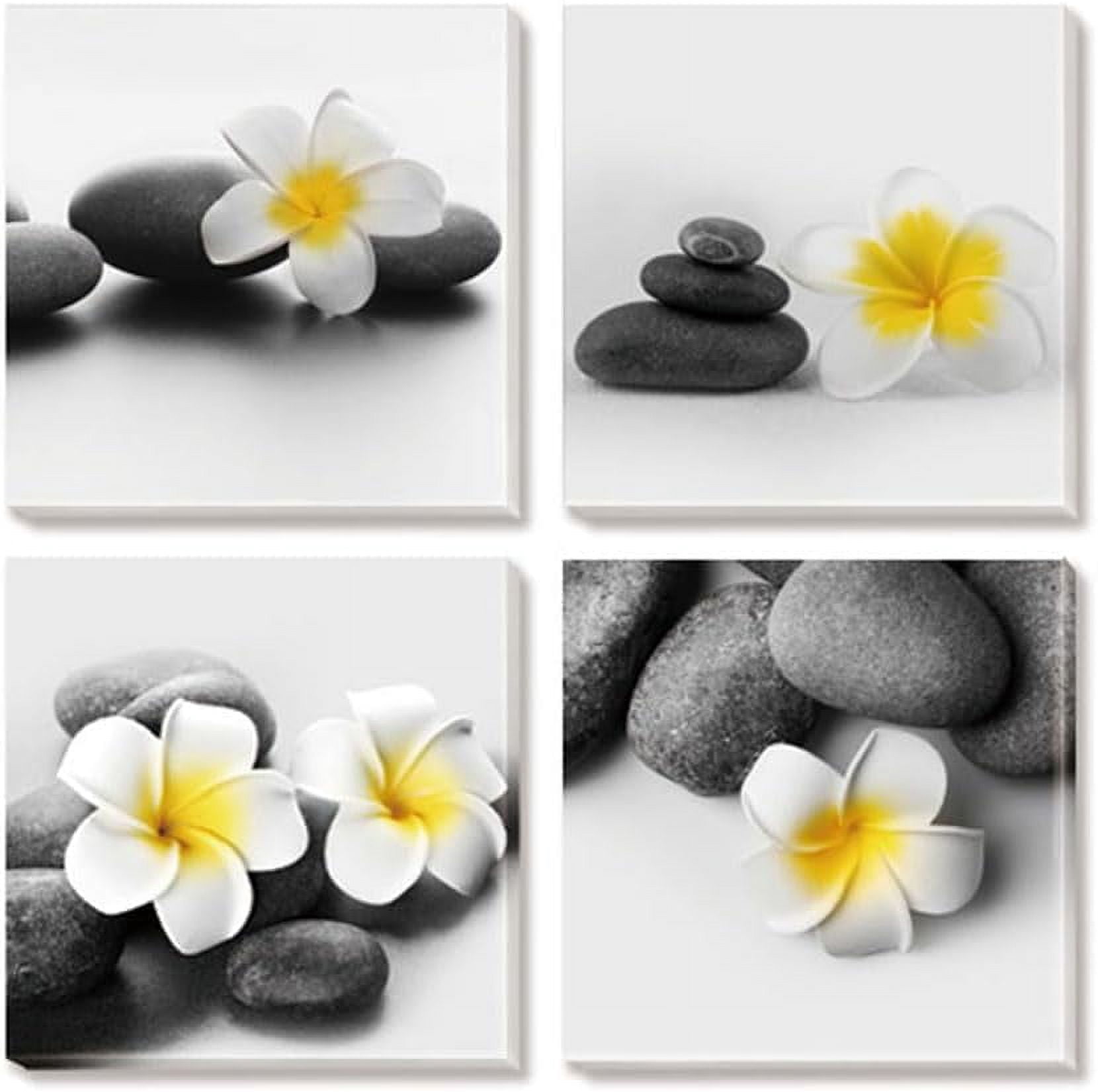 Black and White Zen Stone Wall Art Yellow Flower Picture Still Life Canvas Relaxing Painting Home Office Bathroom Decor