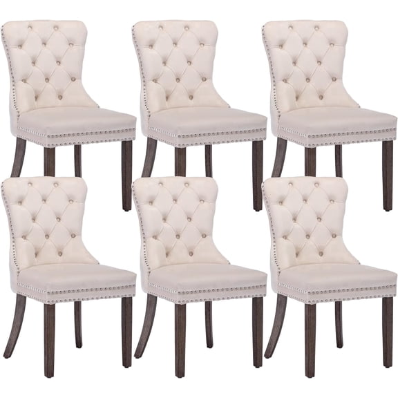 KCC Velvet Dining Chairs Set of 6, Upholstered High-end Tufted Dining Room Chair with Nailhead Back Ring Pull Trim Solid Wood Legs, Nikki Collection Modern Style for Kitchen, Beige